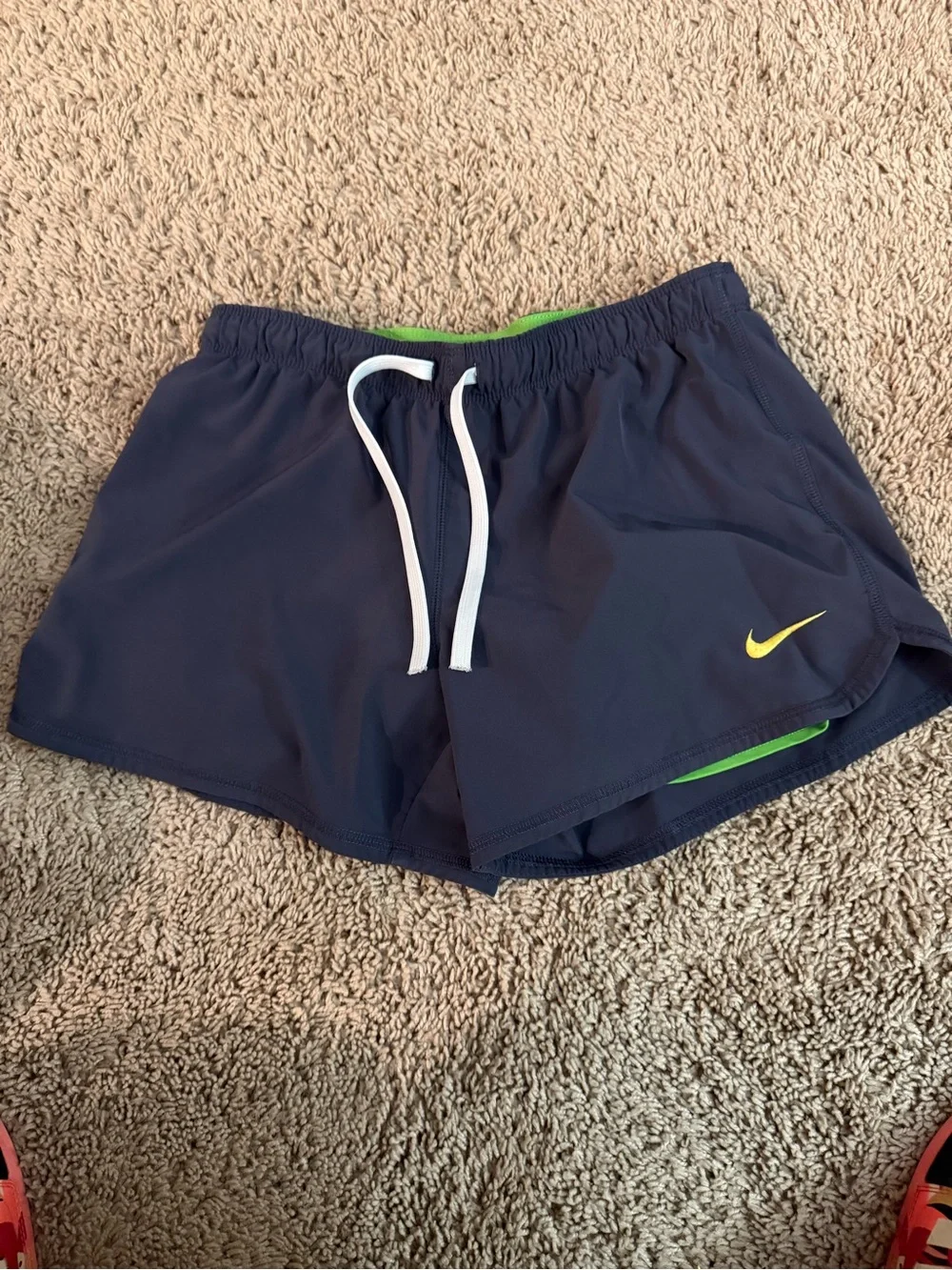 Nike Women's Navy Athletic Shorts with Lime Swoosh